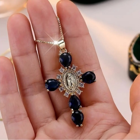 18K Gold Black Zircon Virgin Mary Cross Pendant Necklace - Picture 1 of 3